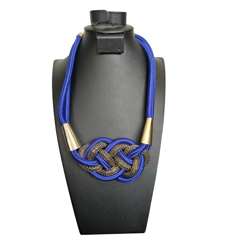 Bold Royal Blue Rope Knot Statement Necklace with Gold Tone Mesh Accents